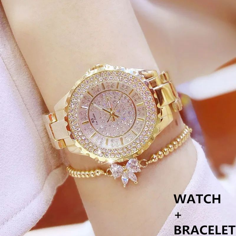 Женские часы, роскошные золотые брендовые Кварцевые женские наручные часы с бриллиантами, часы из нержавеющей стали, женские часы mk, relogio feminino - Цвет: gold with bracelet