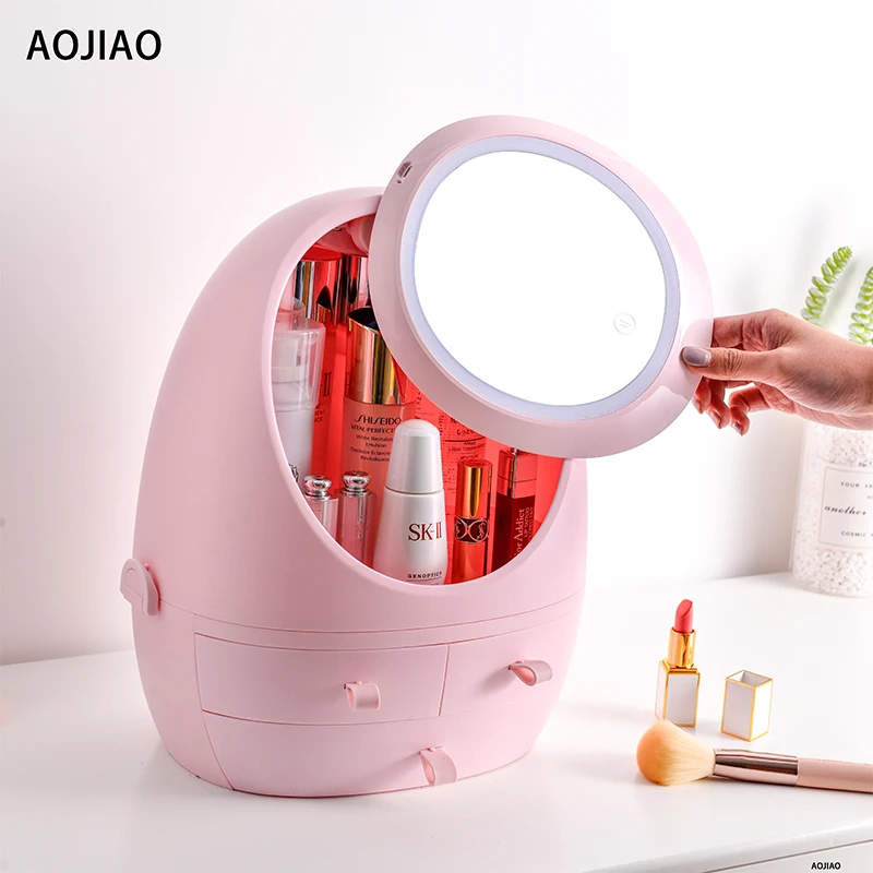  LED light touch screen fill light cosmetics storage box HD mirror creative plastic lipstick cosmeti