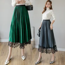 Женская офисная юбка-карандаш, Осень-зима, с высокой талией, с обеих сторон, из плюша, длинная Плиссированная юбка, кружевная, для женщин K0443