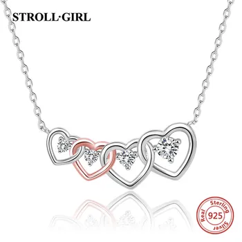 

StrollGirl New 925 sterling silver Rose Gold Color Heart-to-heart chain with clear CZ necklace for Women Fashion Jewelry gifts