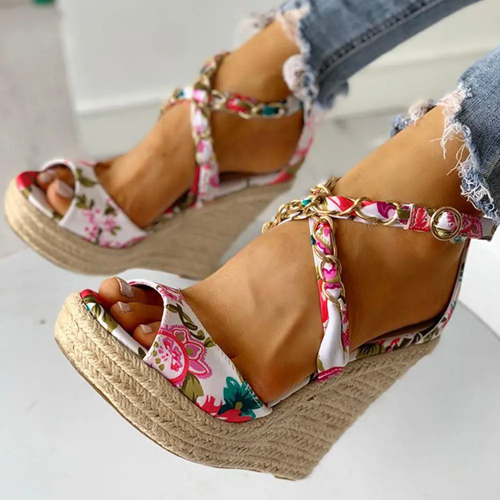 

Karinluna INS HOT Dropship Leisure Print Straw platform high heels Party woman Wedges shoes summer sandals women