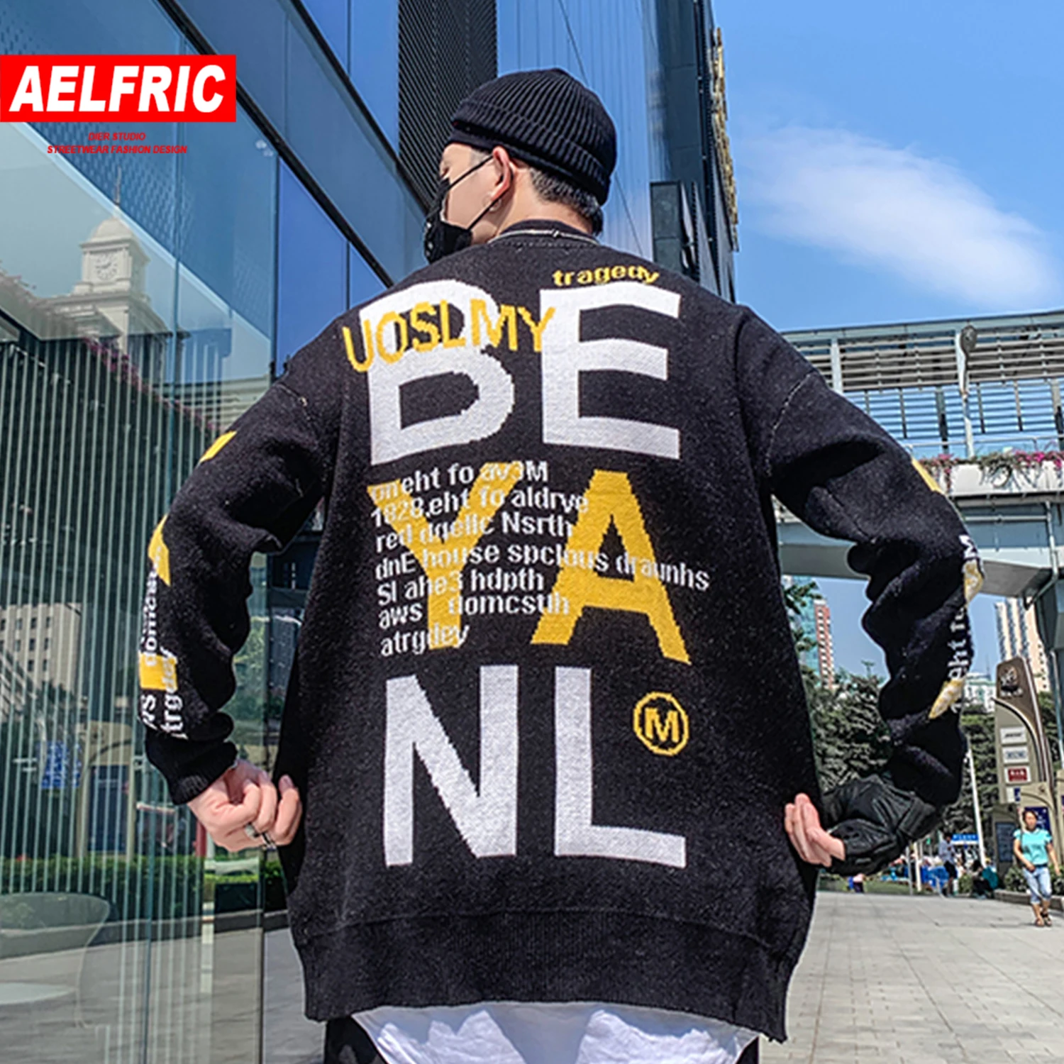 AELFRIC письмо вязаный мужской свитер осень зима Harajuku мода Хип Хоп Верхняя одежда рваные повседневные хлопковые пуловеры уличная