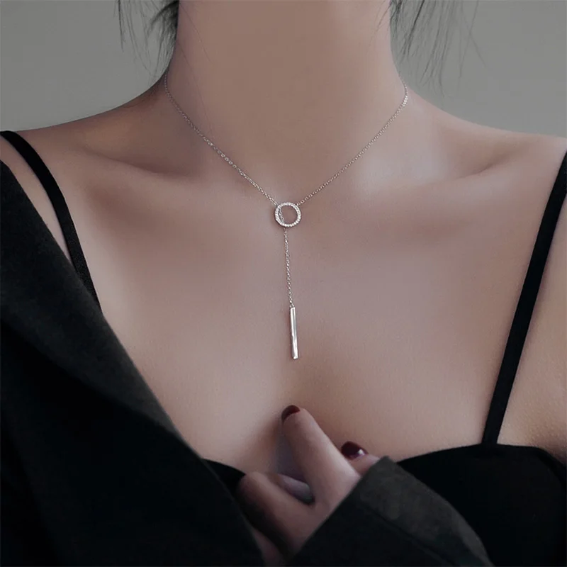 Trendy 925 Sterling Silver Circle AAA Zirconia Long Chain Necklace Shiny Stick Pendants Necklace For Girl Gift Fine Jewelry pendant necklace silver necklace