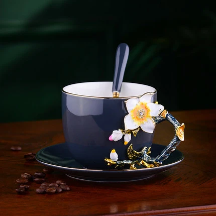 Известная картина маслом Ван Гога миндальный цветок 3D цвет эмаль золото кофе кружка с лотком ложка набор керамическая латте чайная чашка с блюдцем - Цвет: Cool Grey