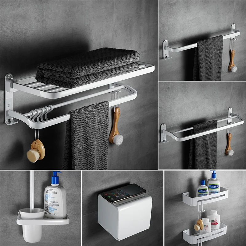 

Bathroom Accessorie Set Aluminium Towel Rack/Ring Paper/Toilet Brush/Hair Dryer Holder Hook Tissue Box Coner Shelf Bath Hardware