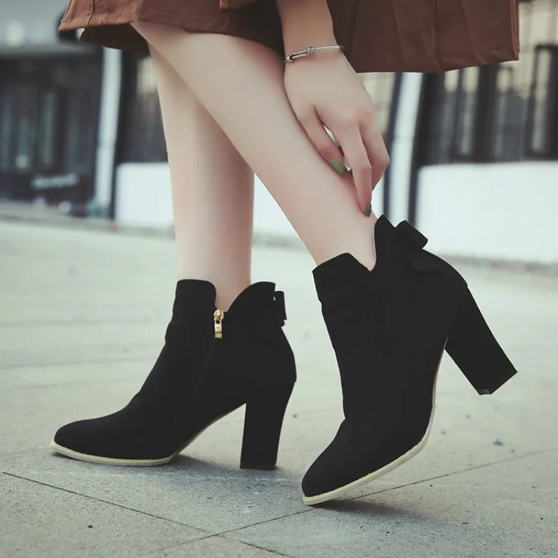 Female Snow Boots Winter New Women's Shoes Suede Pointed Toe Side Zipper High Heel Cotton |