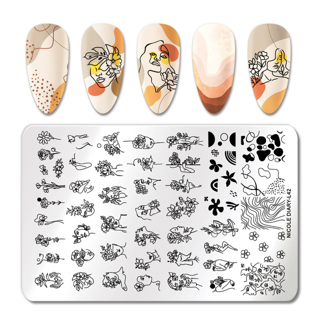 DIARY Line Flower Nail Stamping Plates Chinese Style Letter Pattern Nail Art Stamp Templates Face Leaf Printing Stencil