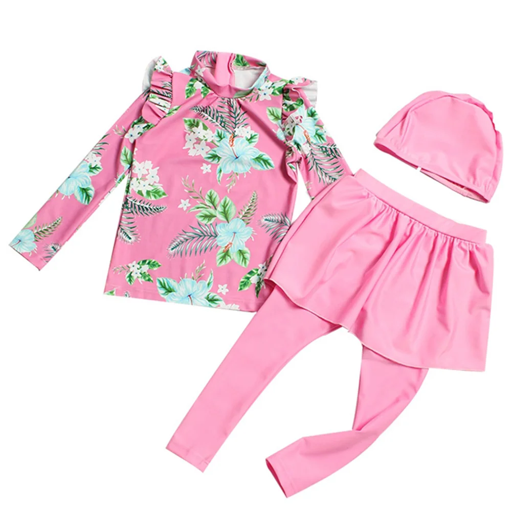 Cute Flower Printed Swimsuit Set Children Swimming Long Sleeve Tops and Pants Anti-UV Baby Girls Swimsuit BB55