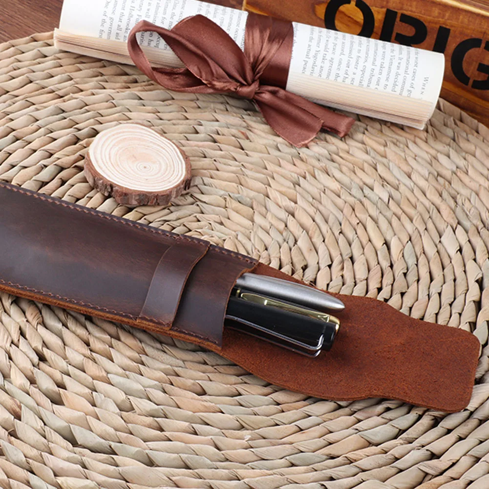 Retro Crazy Horse Leather Pencil Roll Up Cases Pen Bag Pouch