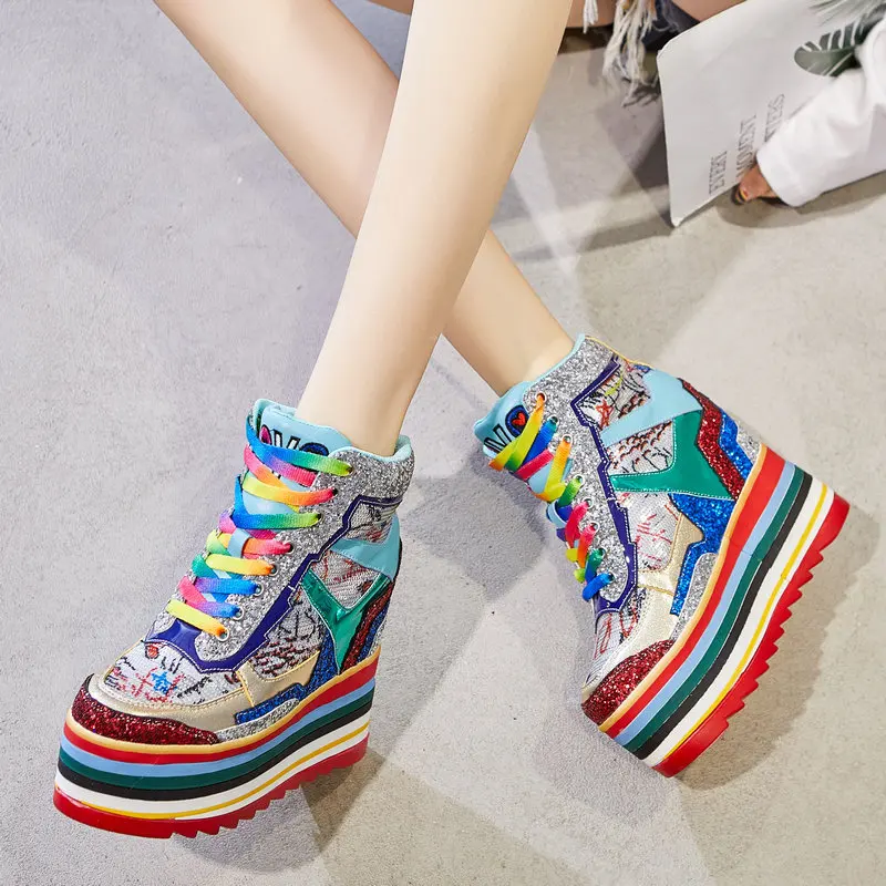 Rainbow Chunky Sneakers Women Casual Wedge Shoes Woman 2020 Spring Super High Heel Bliing Platform For 34 | Обувь