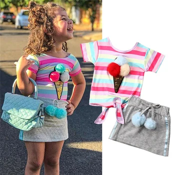 

2020 Summer Toddler Kid Baby Girl Fashion Clothes Hairball Stripe Top T-shirt Mini Skirt Cute Outfit Sweet Set Clothing 1-5Y