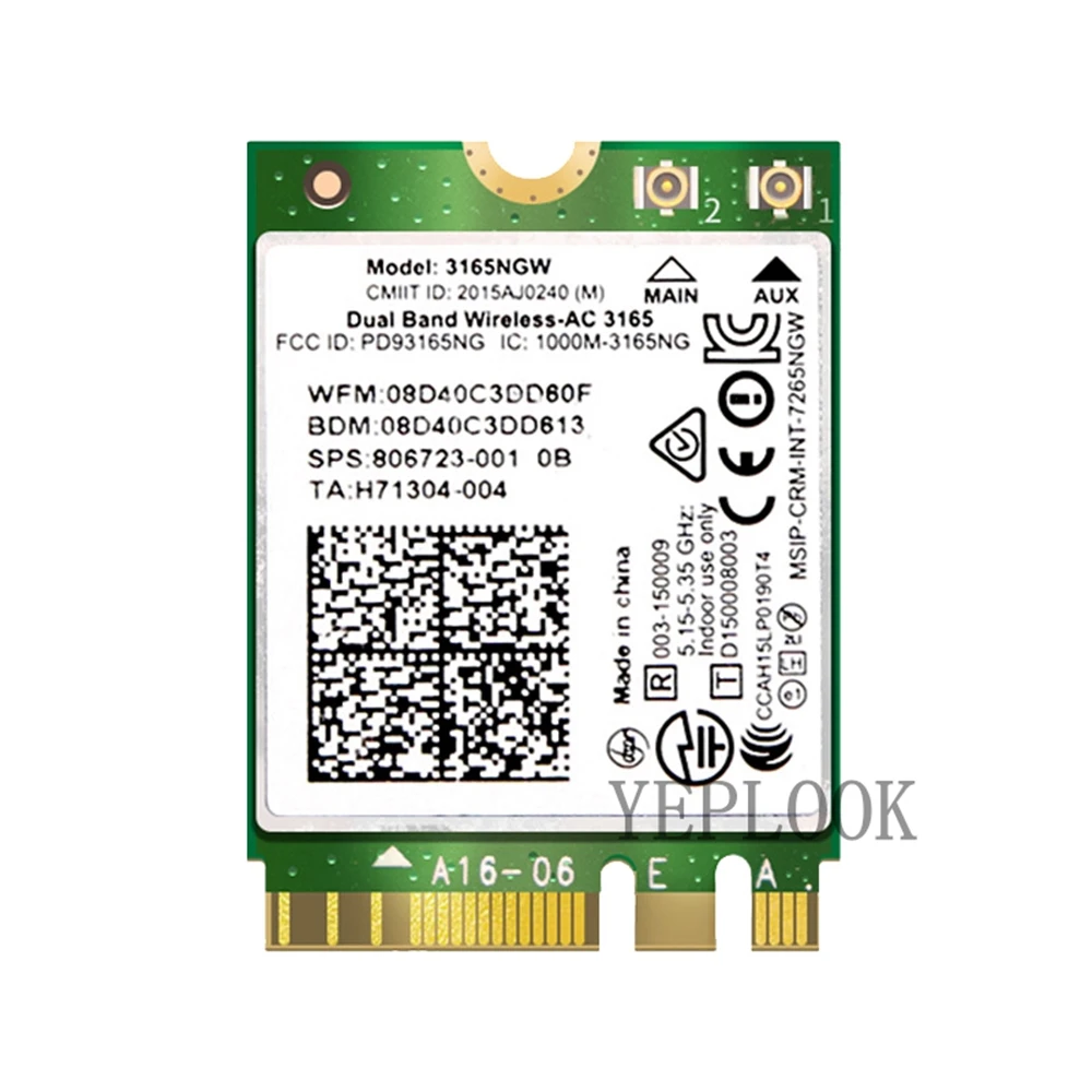 Wireless-AC3165 3165NGW WiFi Card M.2 NGFF Bluetooth 4.0 Dual Band 2.4G/5Ghz 433Mbps Network Adapter Card 802.11ac WiFi + BT4.0 phone lan adapter