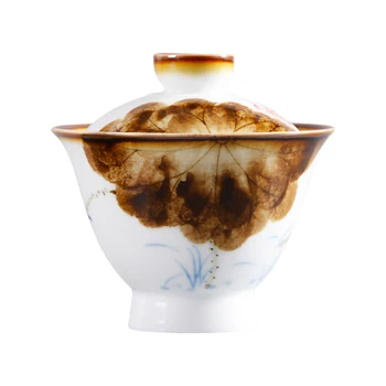 

Hand Painted Kiln Change Gaiwan Red Lotus High Bowl White Ceramic Tea Maker Sancai Cover Bowl Tea Set