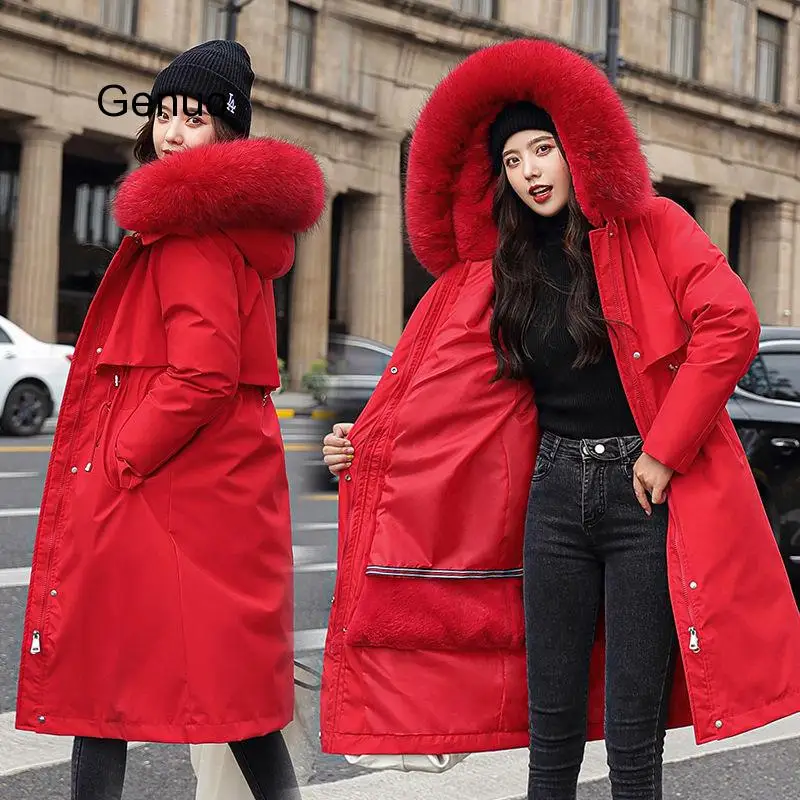 Winter Hooded Parkas Coat Women's Thick Big Faux Fur Collar Middle Long Coat Parka Coats Winter  Abrigo Femme 2020 New