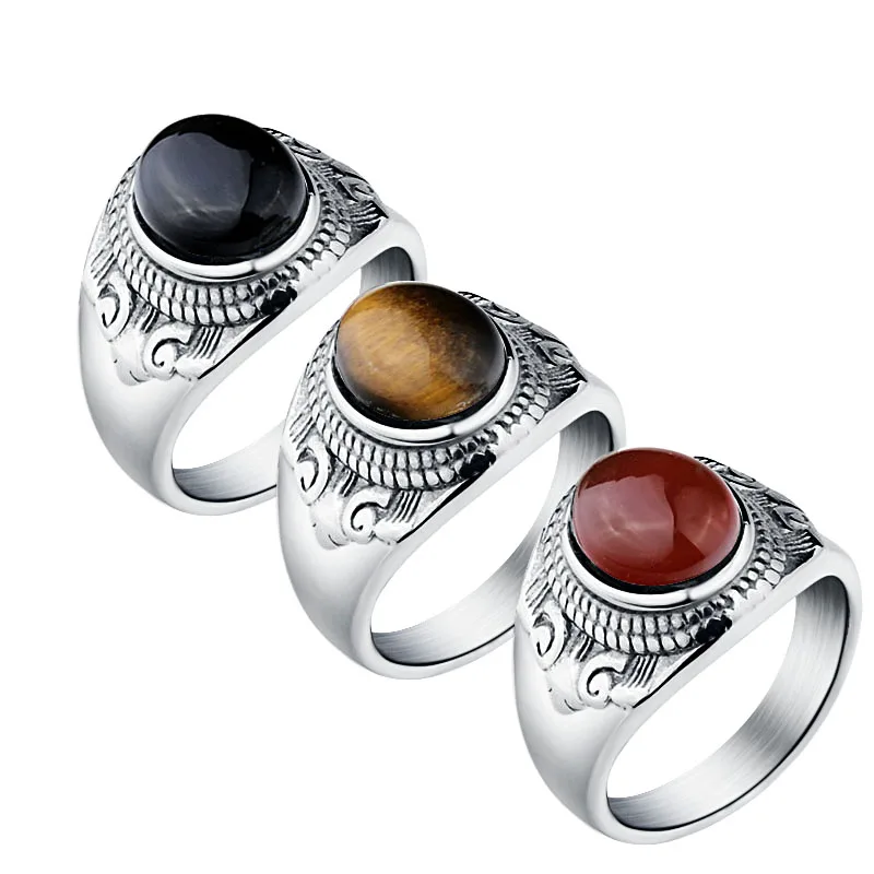 Мужское уникальное дизайнерское серебряное кольцо с камнем тигровый глаз, Размер 7-13, модное кольцо на палец из нержавеющей стали, ювелирное изделие для женщин