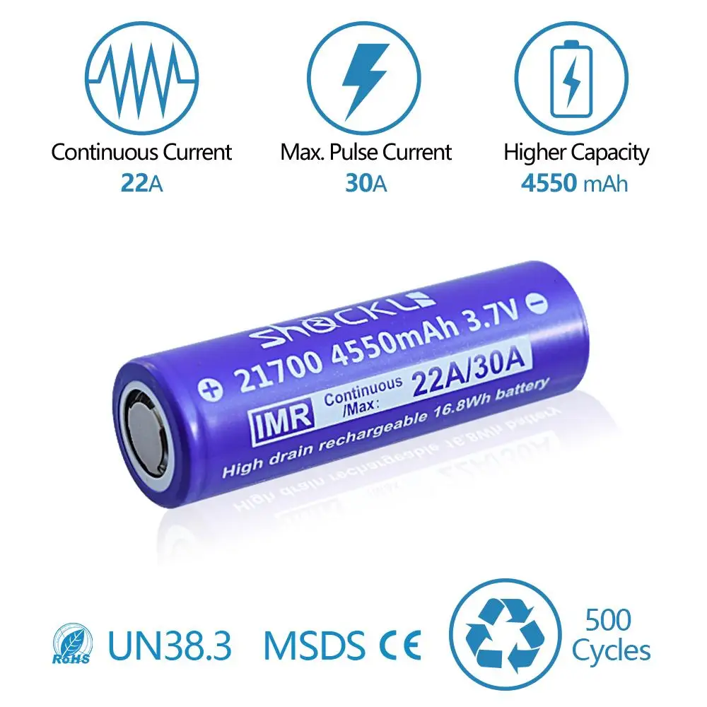 2 шт 3,7 V Shockli IMR 21700 аккумулятор 4550mAh 30A литий-ионная аккумуляторная батарея с плоским верхом чехол для фонарика