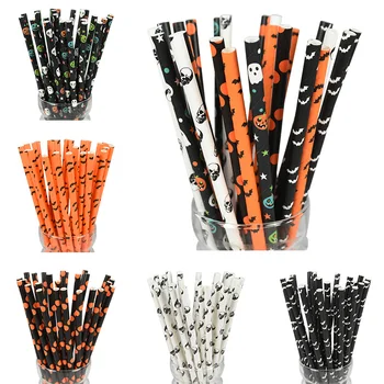 

25/50pcs Halloween Paper Straws Black Orange Pumpkin Ghost Skull Pattern Drinking Straw for Happy Halloween Party Decorations 85