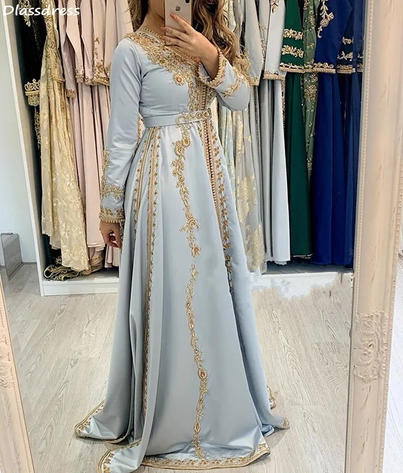 

2020 New Evening Dress Light Blue Satin Muslim Long Sleeves Applique V-neck A-line Floor Length Prom Dress