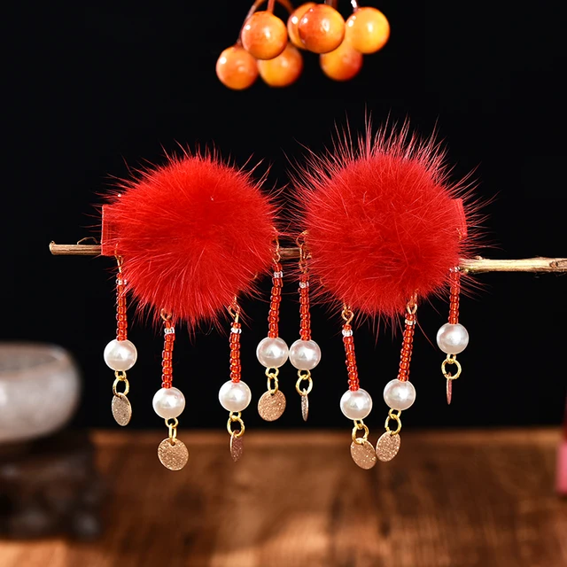 2 Pcs/Set Children Cute Pearl Hair Ball Bow Pendant Ornament Hair Clips Girls Lovely New Year Hairpin Kids Hair Accessories 16-2 Pcs