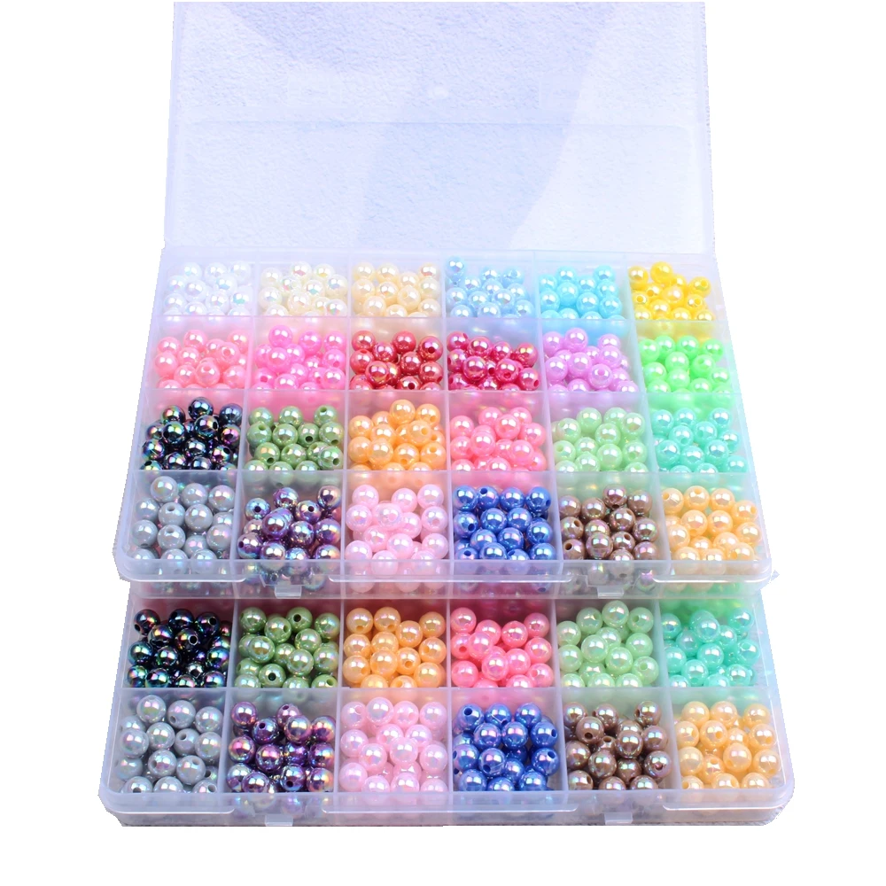 

Resin Round Imitation Beads AB Colors 24 Colors Box With Hole Loose Craft Pearls For Sew On Clothes Bags Shoes Backpack Supplies