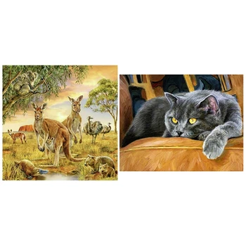 

2 Set Diy Diamond Painting for Home Decoration Christmas Gift - Cat Pattern & Kangaroo Pattern