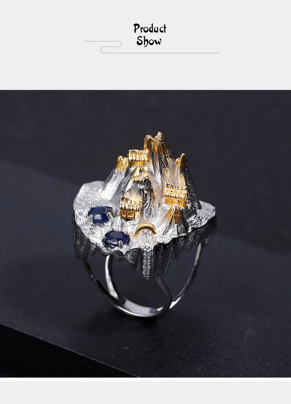 GEM'S BALLET 925 Sterling Silver Temple Mountain Natural Blue Sapphire Handmade Gemstone Rings For Women Halloween Horror Story