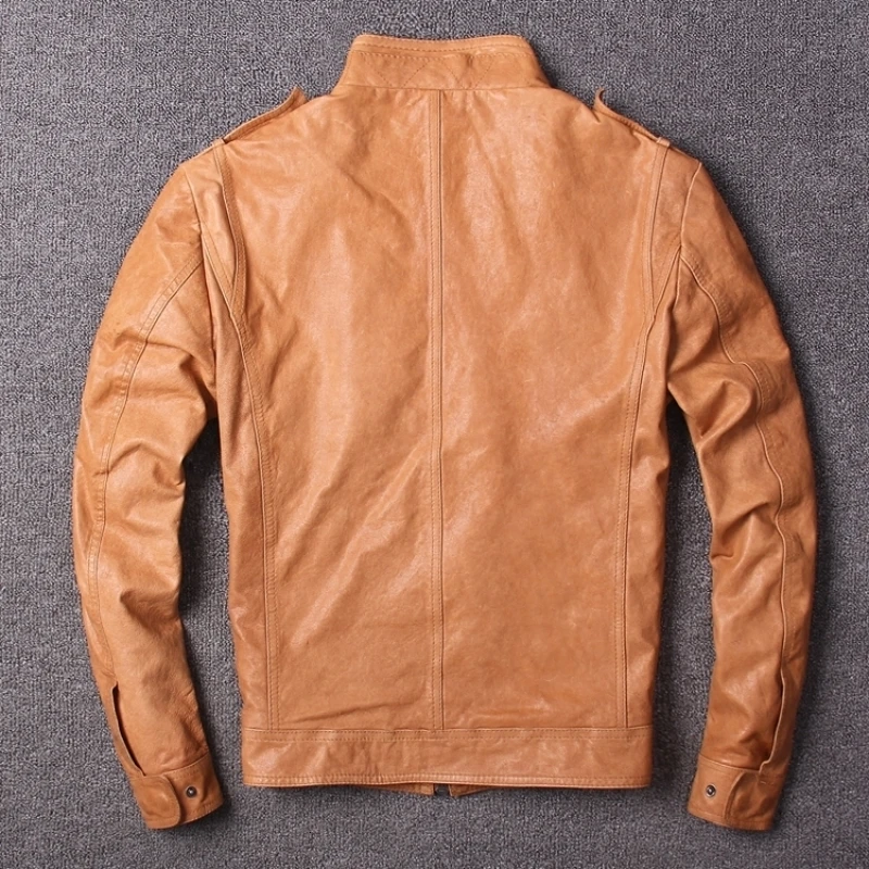 

Sheepskin Genuine Leather Short Coat Men Vintage Fashions Stand Collar Slim Fit Real Leather Jacket Spring Zip Moto Jacket 3XL