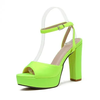 

Fluorescent Green Ankle Strap Heels Women Sandals Summer Shoes Sexy Open Toe Chunky High Heels Party Dress Sandals Big Size 42