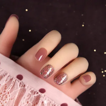 

24pcs/box Handwork Phototherapy Wearable Fingernail Translucent Star Sequins Sparkly Powder Short Full Cover Fake Nail with Glue