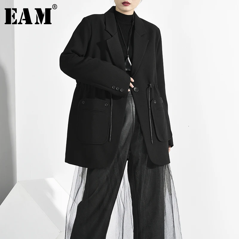 [EAM] женский черный блейзер с карманами на завязках, новая свободная куртка с отворотом и длинным рукавом, модный весенний осенний 1H7920