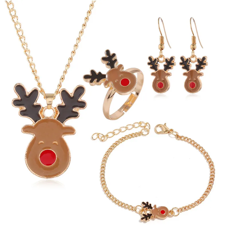 Милый олень, лось, красный нос, ожерелье, браслет, кольцо, серьги, комплект из 4 предметов, эмаль, животные, рождественские подарки, ювелирные изделия для девочек, детей