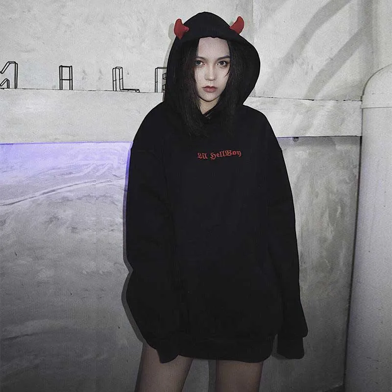 NiceMix осень зима женские свитшоты High Street Harajuku милые толстовки панк дьявол в готическом стиле Рог шик пуловер с капюшоном свободный пот