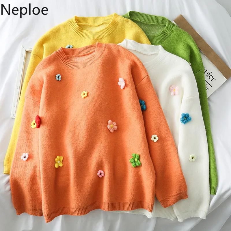 Neploe O Neck Flower Pullover Sweater Women Loose Casual Bottom Pull Femme Long Sleeve Autumn Winter Warm Knit Sueter 47376 | Женская