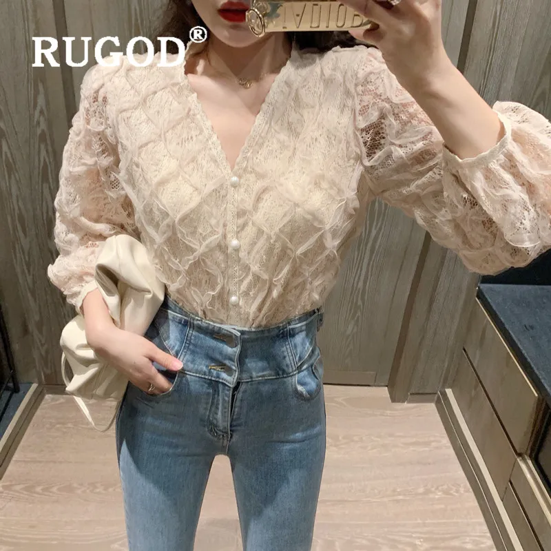 RUGOD/Весенняя кружевная блузка женские блузки с длинным рукавом элегантный топ