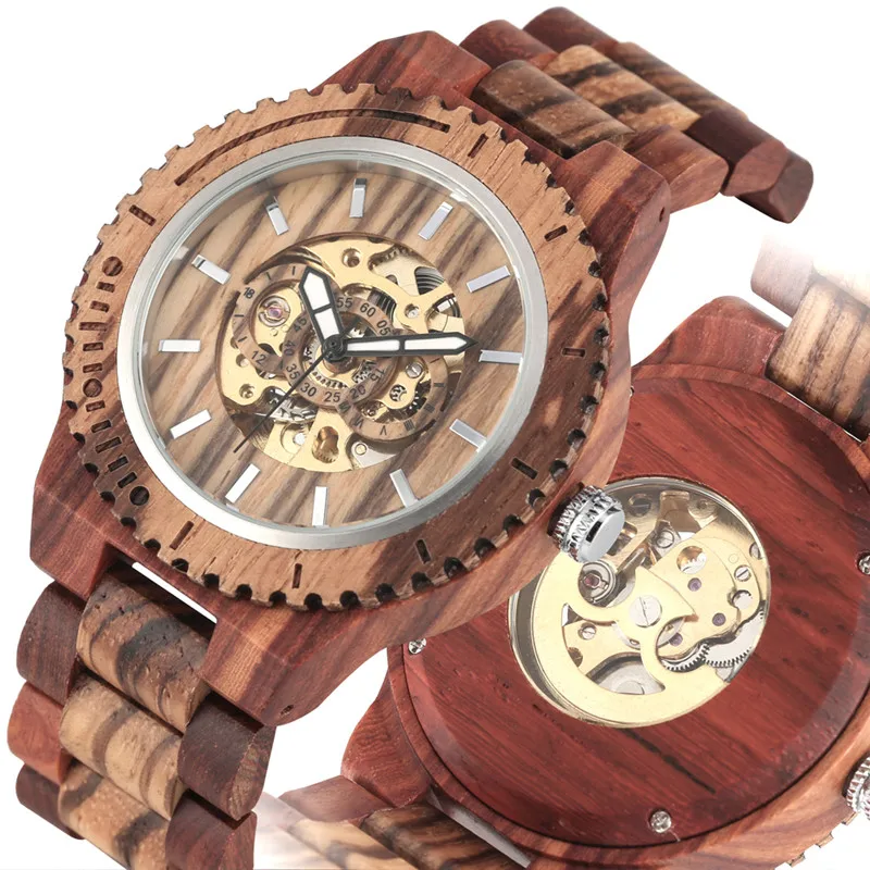 Luxury Men's Bamboo Watch Automatic Mechanical Wristwatch Retro Skeleton Watches Nature Wood Band Wooden Bracelet Gift Madera single high gloss wooden automatic watch winder watch winder display jewelry gift box watch box