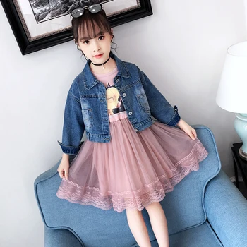 

Cute Baby Girls Sets Fashion Denim Jackets + Lace Dresses 2pcs Kids Suits Party Princess Girls Clothes Children Outfits Vestido
