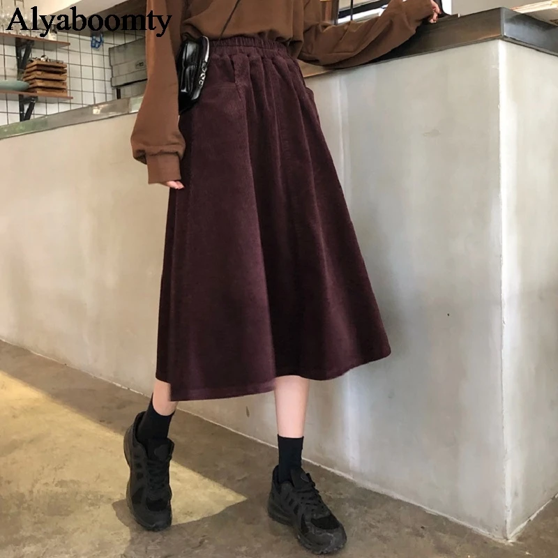 Japanese Mori Girl Autumn Winter Women Midi Skirt High Waist Solid Corduroy Jupe Femme Elegant Vintage Loose Pockets Chic Saias