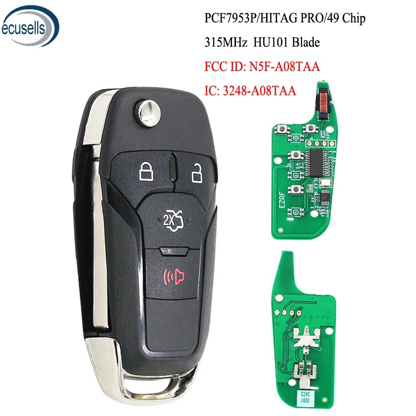 3+ 1/4 кнопки флип дистанционный ключ записи Fob 315 МГц ID49 чип для Ford Fusion 2013- FCC ID: N5F-A08TAA HU101