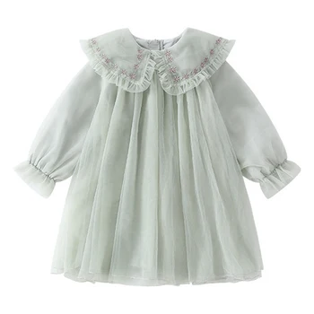 

green christmas chiffon loose princess costume age for 4 - 14 yrs teenage girls long sleeve embroidered dress autumn kids frocks