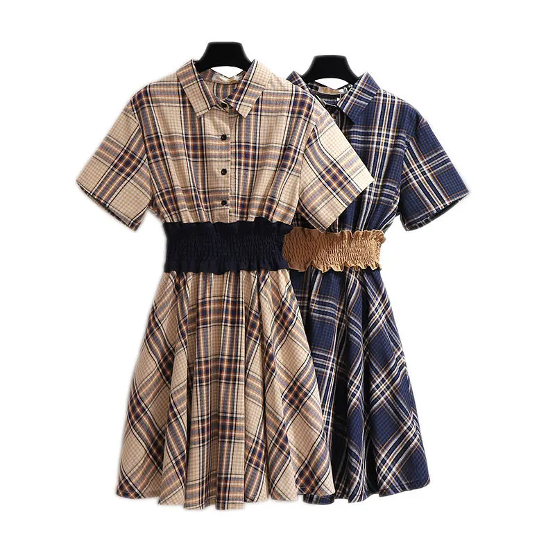 

Woman Dress 2019 Spring Summer Lattice Turn-down Collar Sashes Decoration High Waist Cotton Knee Plus Size Women Plaid Dress