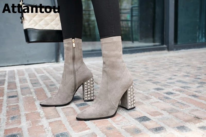 grey pointed ankle boots