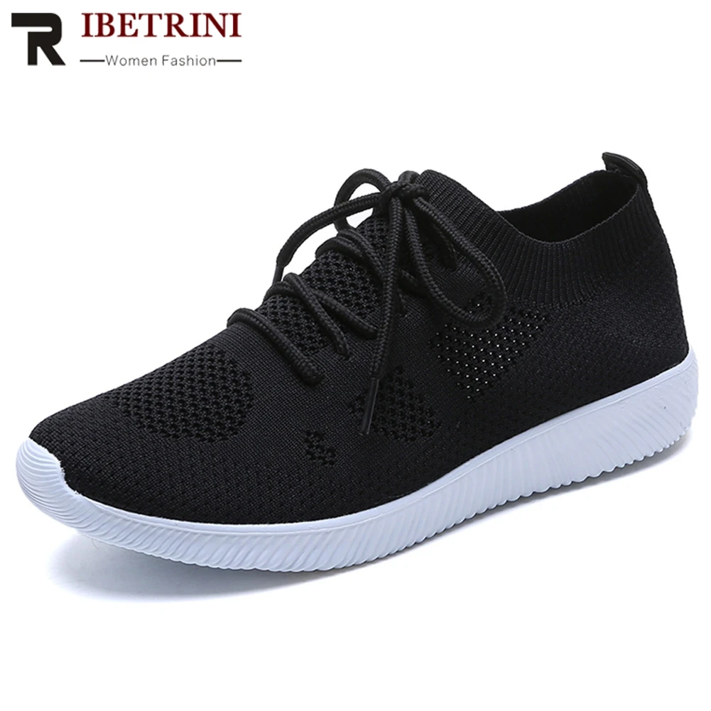 

RIBETRINI Plus Size Women Summer Shoes Women Knitting Sock Vulcanized Flats Slip On Flat Mesh Breathable Sneakers