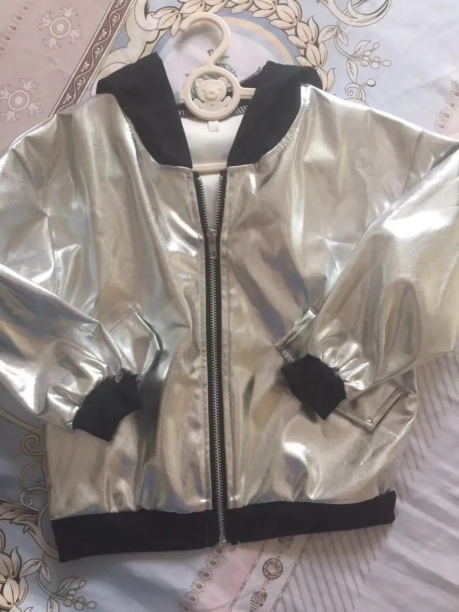 discount  Kids Sport Leather Jacket Fall Girls Hoodies Coat Reflective Silver Long Sleeve Outerwear Polyester