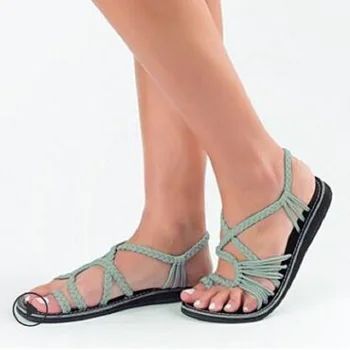 

Women's sandals 2020 large size summer European and American beach sandals female clip toe rope knot flat slippers women