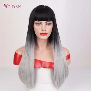 

HOUYAN 22 Inch Long Straight Wig With Bangs For Women Omber False Hair Wig Heat Resistant Fiber Black & Grey Cosplay Wig