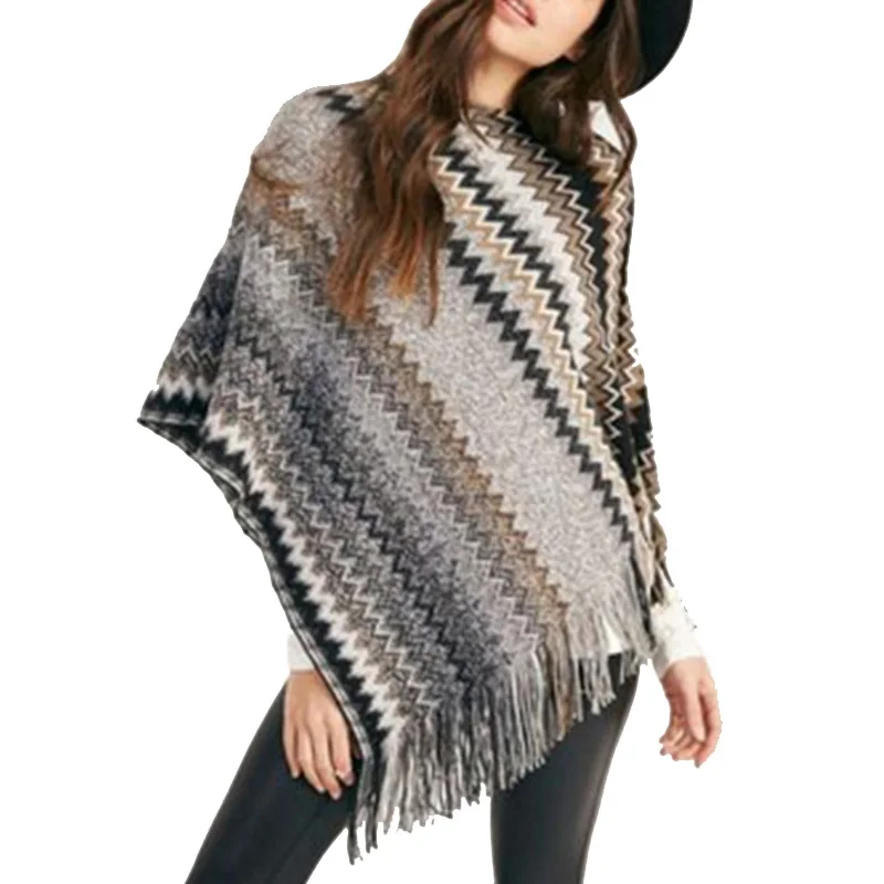 Women's Sweater Tops Round Neck Autumn Winter Wavy Strip Irregular Tassel Elegant Party Loose Shawl Cloak Ladies | Женская одежда