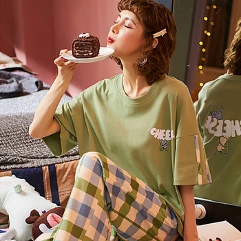

JULY'S SMTWB Cute Colorful Women's Pajamas Sets 2 Pieces Short Sleeve Homewear Cartoon Printed Cotton Sleepwear Female Pyjamas