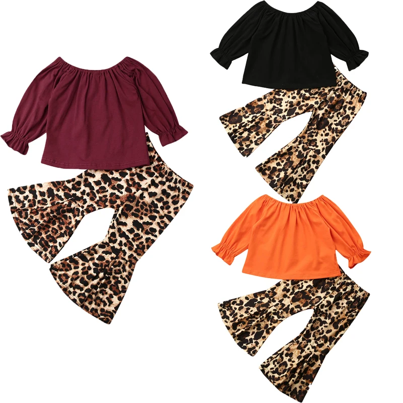 От 1 до 6 лет-осенние комплекты одежды для маленьких девочек, однотонные топы, футболка, штаны с леопардовым принтом, нижняя Экипировка