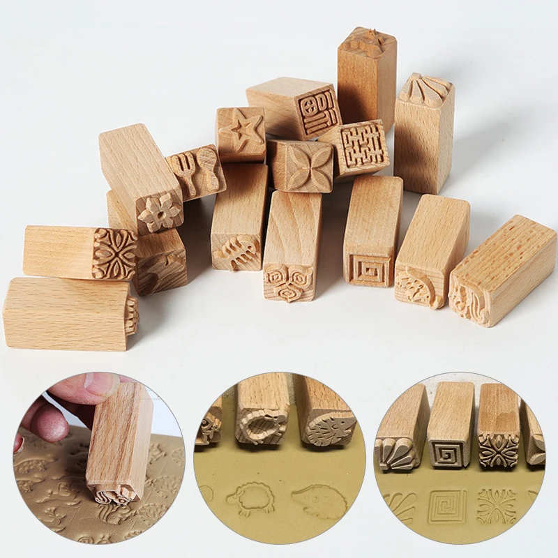 Hand Carved Wooden Stamps Wood Seal for Printing DIY Clay Pottery Printing Blocks Clay Tool Fish Bone / Squirrel / Flower Deer