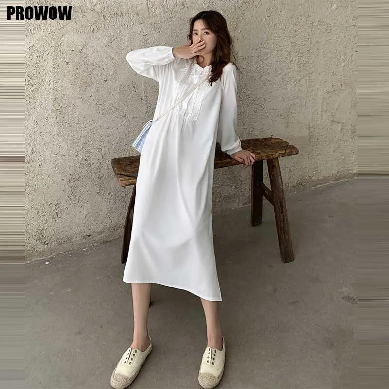 Korean One-Piece White Dress Women 2020 Spring New French Vintage Loose Single-Breasted Long Sleeve Dress Ladies Elegant Dresses